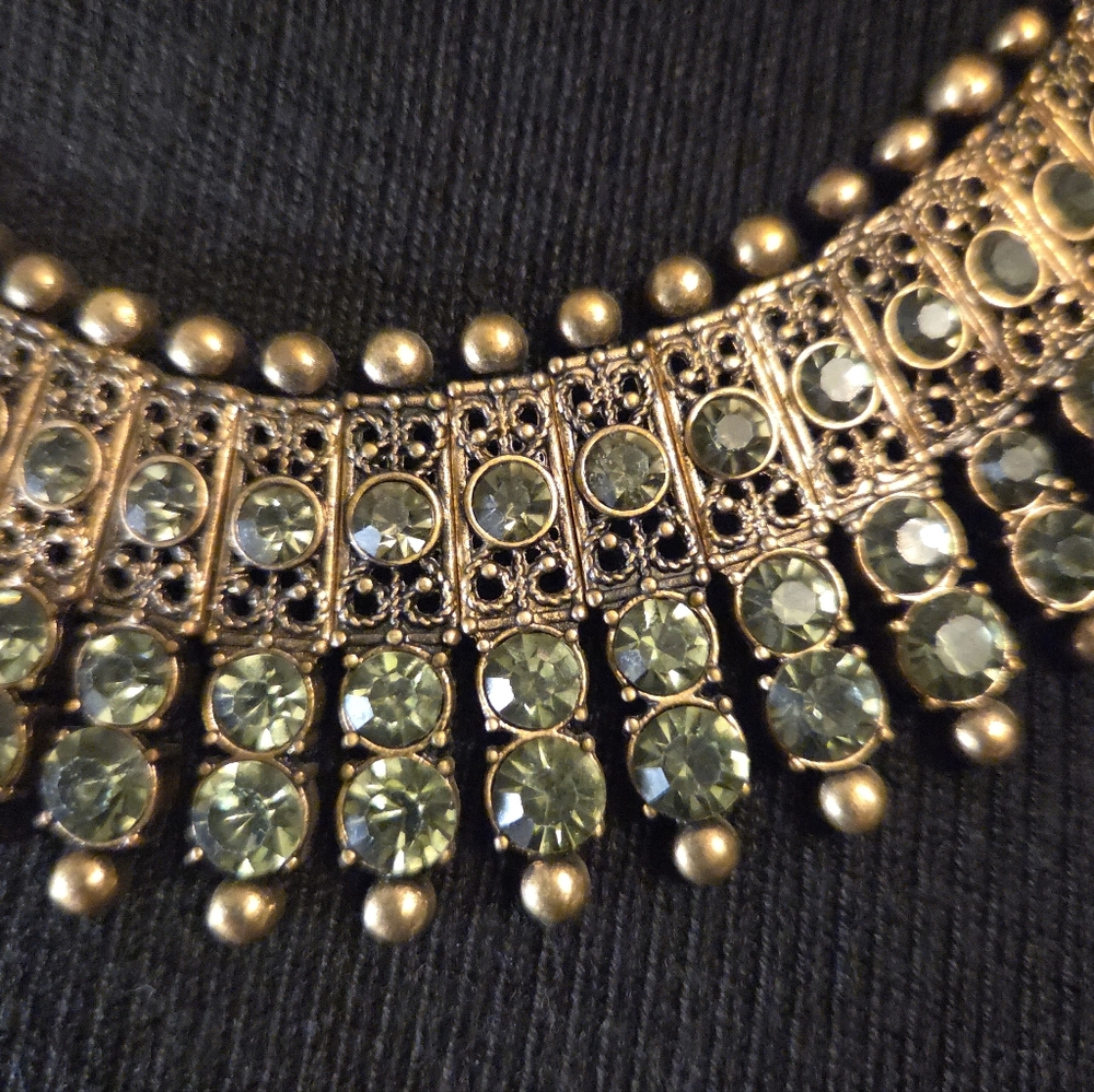 Smokey Gray Rhinestone Bib Statement Necklace – Antiqued Gold Tone